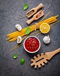 Italian Food And Menu Concept. Spaghetti With Ingredients Sweet Stock Photo