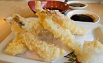 Japanese Cuisine, Tempura Shrimps(deep Fried Shrimps) With Sauce Stock Photo