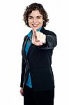 Joyous Corporate Woman Pointing You Out Stock Photo