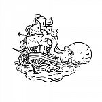 Kraken Attacking Sailing Ship Doodle Art Stock Photo