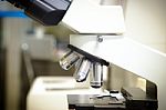 Laboratory Microscope. Scientific Research Background Stock Photo