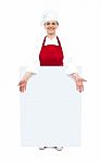 Lady Chef Showing White Blank Board Stock Photo