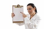 Lady Doctor Pointing Clipboard Stock Photo