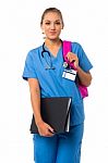 Lady Doctor Posing With Backbag Stock Photo