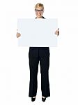 Lady Holding Blank Banner Ad Stock Photo