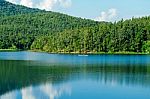 Landscape Of The Dam And Lake On The Mountain With Tree And Forest Stock Photo