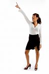 laughing Businesswoman Pointing Up Stock Photo