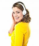 Laughing Lady Listening Music Stock Photo