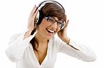 laughing lady Listening Music Stock Photo