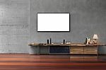 Led Tv On Concrete Wall With Wooden Furniture In Living Room Stock Photo