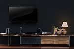 Led Tv On Concrete Wall With Wooden Furniture In Living Room Stock Photo