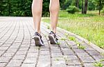 Legs Of A Woman Walking On The Sidewalk Stock Photo