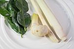 Lemon Grass,galangal,kaffir Lime Leaves. Thai Traditional Spicy Soup Ingredients On Ceramic Dish Stock Photo