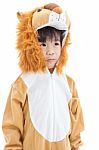 Little Lovely Asian Boy Costumed Like A Lion And Looking Ahead Stock Photo