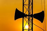 Loudspeaker On Pillar And Sunset In The Evening Stock Photo