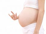 Love Sign Hand Abdomen Of Pregnant Woman On White Background Stock Photo