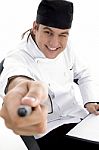 Male Chef Pointing with pen Stock Photo