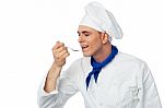 Male Chef Tasting The Food Stock Photo