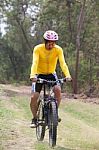 Man And Mountain Bike Riding In Jungle Track Use For Bicycle Sport Outdoor And Extreme Activities Stock Photo