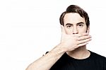 Man Cover His Mouth,  Speak No Evil Concept Stock Photo