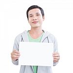 Man Holding Blank Board Stock Photo