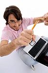 Man Holding Pencil With Laptop Stock Photo