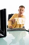 Man Pointing On Computer Screen Stock Photo