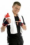 Man Pointing Water Bottle Stock Photo