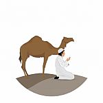 Man Praying And Camel With White Background Stock Photo