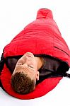 Man Resting In Sleeping Bag Stock Photo