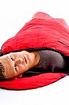 Man Resting In Sleeping Bag Stock Photo