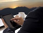 Man Touch Tablet Stock Photo