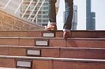 Man Was Walking Up Stairs Stock Photo