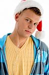 Man Wearing Christmas Hat Stock Photo