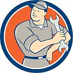 Mechanic Hold Spanner Wrench Circle Cartoon Stock Photo