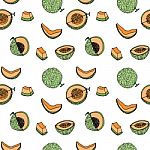 Melon, Cantalop Seamless Pattern By Hand Drawing On White Backgr Stock Photo