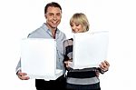 Middle Aged Couple Holding White Pizza Boxes Stock Photo