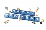 Miniature Worker Team Building Word Happy New Year On White Back Stock Photo