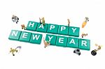 Miniature Worker Team Building Word Happy New Year On White Back Stock Photo