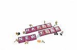 Miniature Worker Team Building Word Happy New Year On White Back Stock Photo