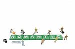 Miniature Worker Team Building Word Romantic On White Background Stock Photo