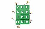 Miniature Worker Team Building Word You Are The One On White Bac Stock Photo