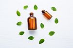 Mint Essential Oil In A Glass Bottle With Leaves On White Backgr Stock Photo