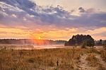 Misty Summer Sunrise. Foggy River In The Morning. Misty Morning Stock Photo