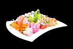 Mixed Sashimi In White Plate Isolated On Black Background,with C Stock Photo