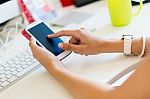 Mobile Phone In A Woman's Hand. Indoor Image Stock Photo