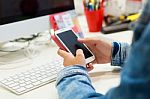 Mobile Phone In A Woman's Hand. Indoor Image Stock Photo