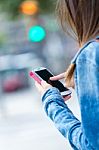 Mobile Phone In A Woman's Hand. Outdoor Image Stock Photo