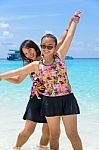 Mother And Daughter On The Beach At Similan Islands, Thailand Stock Photo