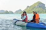 Mother And Daughter Take Pictures On Kayak Stock Photo